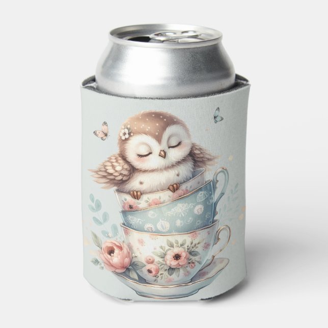 Rafraîchisseur Pour Canette Sleeping Owl in Stacked Floral Teacups (Can devant)