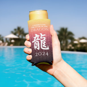 Rafraîchisseur Pour Canette Slim Année du Dragon 龍 Rouge Or chinois Nouvel An