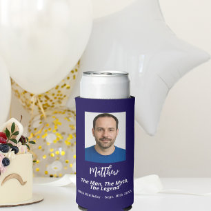 Rafraîchisseur Pour Canette Slim Anniversaire bleu blanc photo homme mythe légende