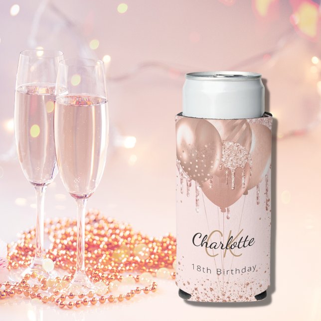 Rafraîchisseur Pour Canette Slim Anniversaire rose or ballons de chasse monogramme  (Créateur téléchargé)