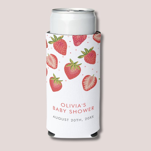 Rafraîchisseur Pour Canette Slim Baby shower Filles fraises (Strawberry baby shower can cooler. Customize with your own event details.)