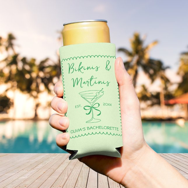 Rafraîchisseur Pour Canette Slim Bikinis et martinis à main tiré (Hand Drawn Wavy Bikinis & Martinis Bachelorette Seltzer Can Cooler)