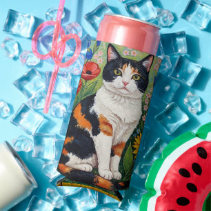 Rafraîchisseur Pour Canette Slim Chat calicot et tournesols d'art populaire