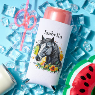 Rafraîchisseur Pour Canette Slim Cheval noir entouré de fleurs Personnalisé