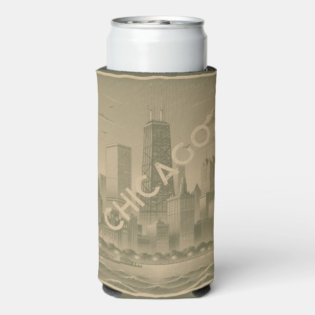Rafraîchisseur Pour Canette Slim Chicago Khaki Green Tan Skyline (Seltzer Verso)