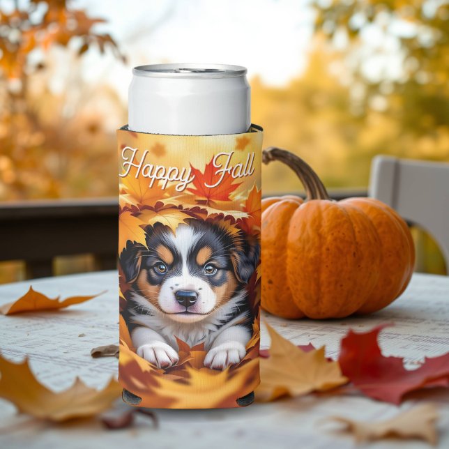 Rafraîchisseur Pour Canette Slim Chien chic mignon dans les feuilles d'automne (Créateur téléchargé)