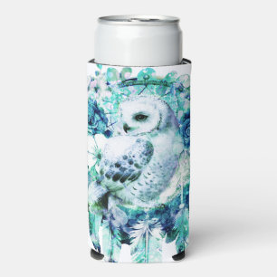 Rafraîchisseur Pour Canette Slim Chouette à neige Dreamcatcher Vert et bleu Turquoi