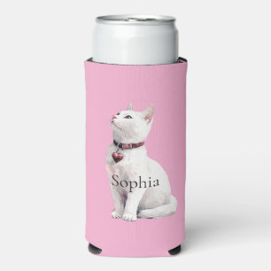 Rafraîchisseur Pour Canette Slim Collier Coeur de Chat Rose Blanc
