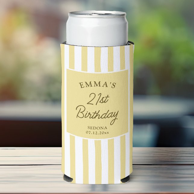 Rafraîchisseur Pour Canette Slim Custom 21st Birthday Cute Yellow Striped Party (Créateur téléchargé)