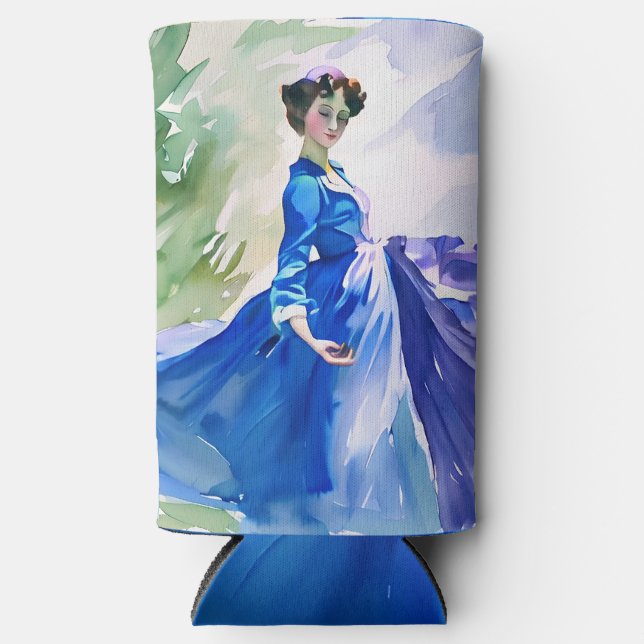 Rafraîchisseur Pour Canette Slim Dame en Robe Bleue - Peinture aquarelle (Recto)