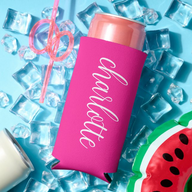 Rafraîchisseur Pour Canette Slim Écriture calligraphique girly rose et blanc (Été in situ)