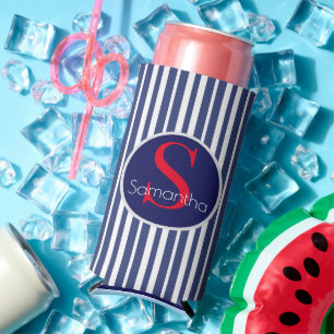 Rafraîchisseur Pour Canette Slim Élégant bleu marine rouge rayé monogramme initial