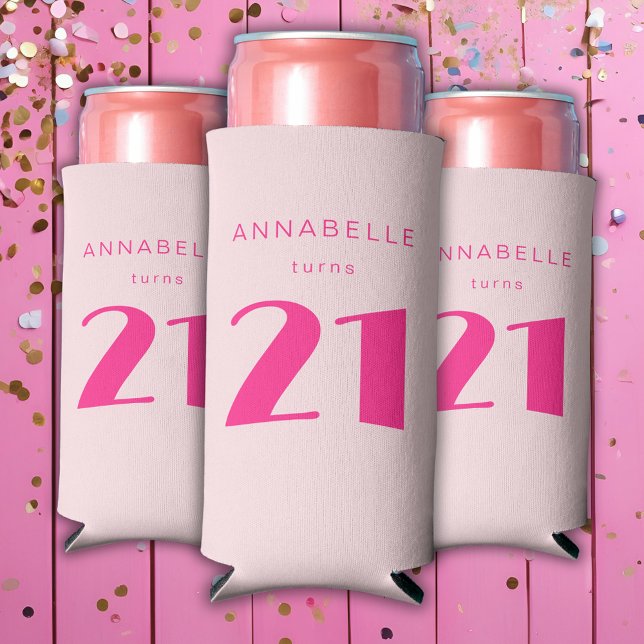 Rafraîchisseur Pour Canette Slim Fête d'anniversaire moderne 21e Vingt et une rose (Blush pink custom can cooler for girls 21st birthday party celebrations and party favors.)