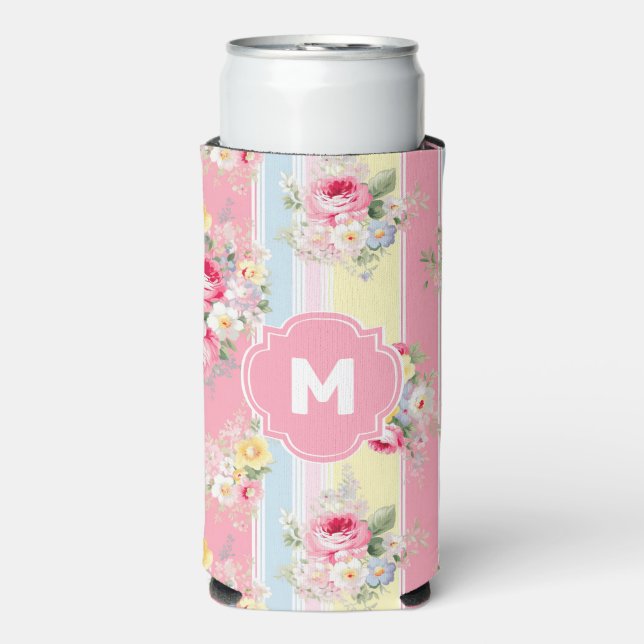 Rafraîchisseur Pour Canette Slim Floral rose customisé rayé (Seltzer Recto)