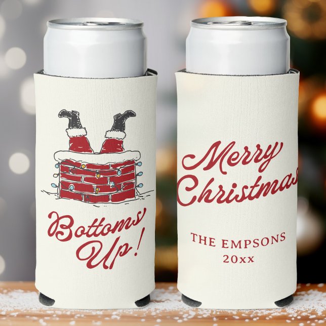 Rafraîchisseur Pour Canette Slim Funny Merry Christmas Santa Bottoms Up Friendmas (White Christmas can cooler featuring Santa’s boots-up in a brick chimney, cheery “Bottoms Up!”)