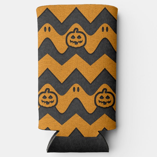 Rafraîchisseur Pour Canette Slim Halloween Chevron Motif avec Fantômes et Citrouill (Recto)