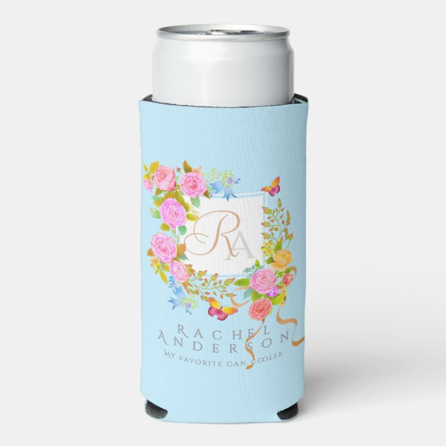 Rafraîchisseur Pour Canette Slim Jardin fleuri romantique monogramme bleu  (Seltzer Recto)