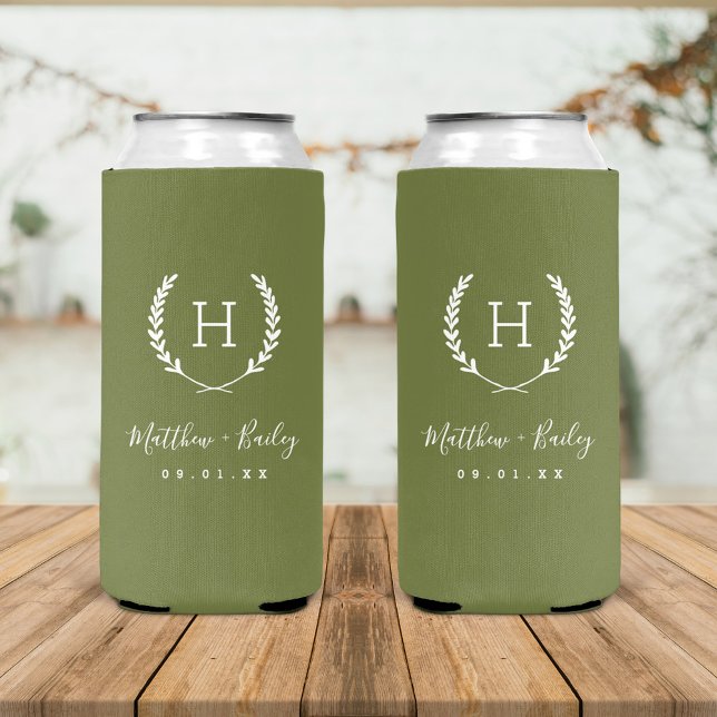 Rafraîchisseur Pour Canette Slim Laurel Crest Mariage Monogramme | Vert olive (Créateur téléchargé)
