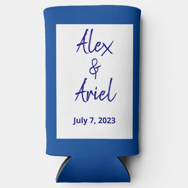 Rafraîchisseur Pour Canette Slim Mariage blanc et bleu profond moderne (Recto)