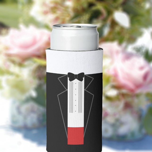 Rafraîchisseur Pour Canette Slim Mariage Tuxedo personnalisé Can Cooler (Just add a name to this fun black tuxedo can cooler.)