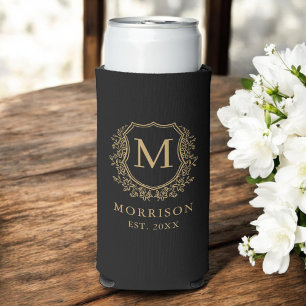 Rafraîchisseur Pour Canette Slim Monogramme Black Gold Crest Mariage botanique