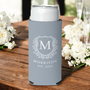 Rafraîchisseur Pour Canette Slim Monogramme Dusty Blue Crest Mariage botanique