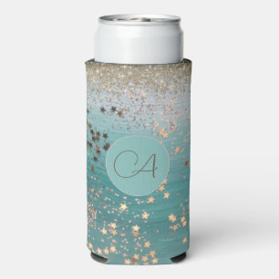 Rafraîchisseur Pour Canette Slim Monogramme Gold Stars sur Turquoise