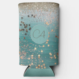 Rafraîchisseur Pour Canette Slim Monogramme Gold Stars sur Turquoise