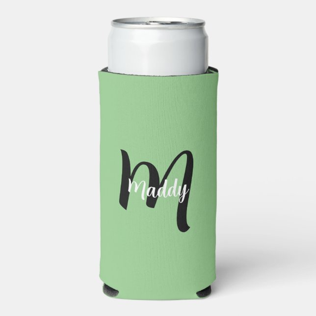 Rafraîchisseur Pour Canette Slim Monogramme vert moderne minimal Nom + initial (Seltzer Recto)