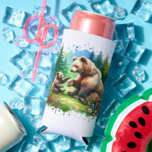 Rafraîchisseur Pour Canette Slim Ours d'aquarelle mignonne et Cub Personnalisé