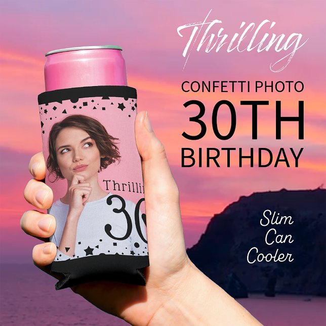 Rafraîchisseur Pour Canette Slim Photo personnalisée Noir rose Confetti 30e anniver (Créateur téléchargé)