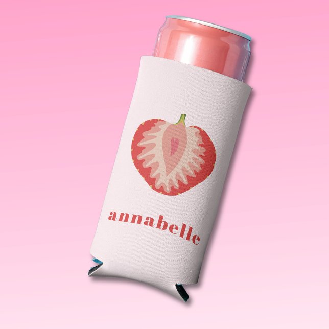 Rafraîchisseur Pour Canette Slim Prénom de la fraise (Fun Summer Strawberry Can Cooler.  Customize with your own name or choice of text.)