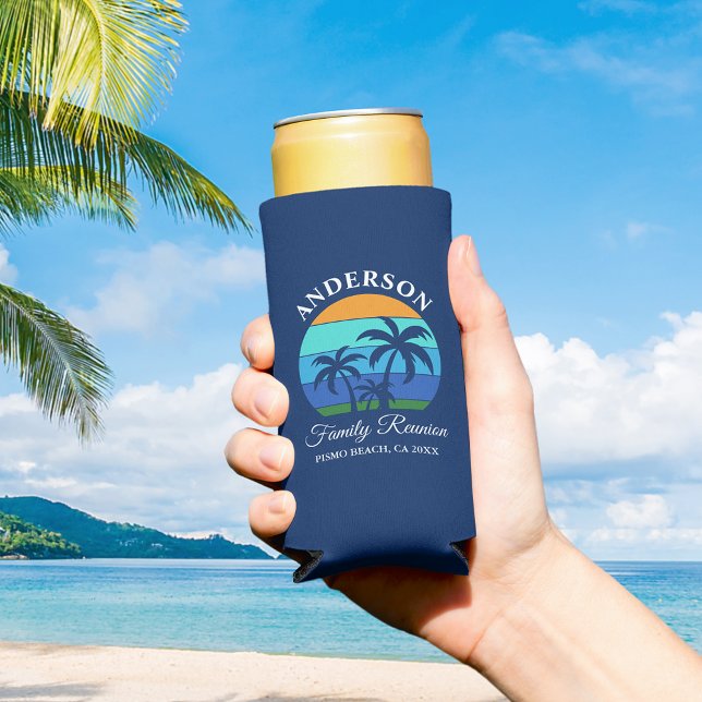 Rafraîchisseur Pour Canette Slim Reunion Famille Summer Beach Palm Trees Bleu (Customize to change text size or text style.)