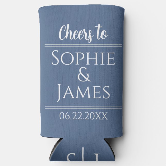 Rafraîchisseur Pour Canette Slim Salutations Mr & Mrs Dusty Blue Wedding Favor (Recto)