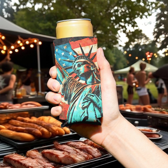 Rafraîchisseur Pour Canette Slim Statue de la Liberté et drapeau américain (Créateur téléchargé)