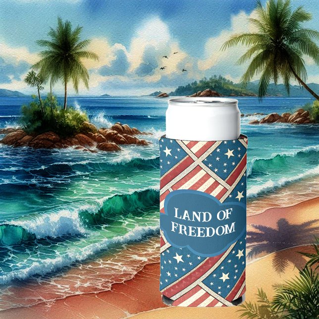 Rafraîchisseur Pour Canette Slim Terre de Liberté Fête de l'Indépendance Américaine (Land Of Freedom American Independence day Blue Red Seltzer Can Cooler)