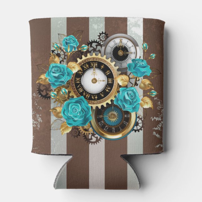 Rafraîchisseur Pour Canette Steampunk Clock and Turquoise Roses on Striped (Dos)