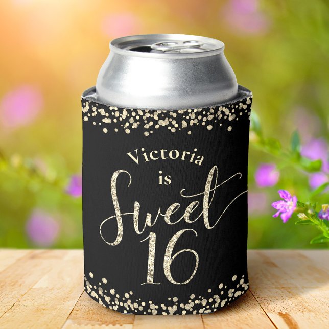 Rafraîchisseur Pour Canette Sweet 16 Black Gold Parties scintillant Confetti C (Créateur téléchargé)