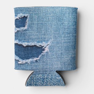Rafraîchisseur Pour Canette Tissu en denim déchiré, teintes bleues.