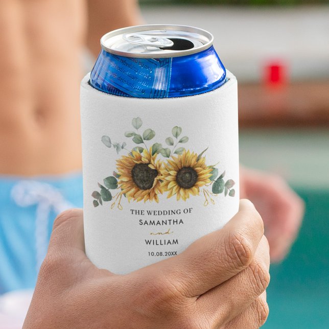 Rafraîchisseur Pour Canette Tournesol floral Eucalyptus Mariage moderne (Sunflower and Eucalyptus Floral Wedding Party Swag Can Cooler)