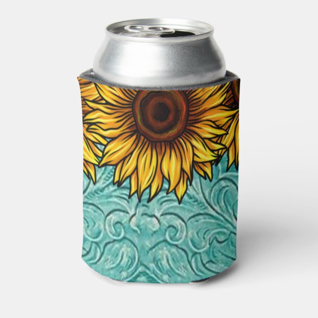 Rafraîchisseur Pour Canette Turquoise Leather Tooled Bright Sunny Sunflowers (Can Dos)