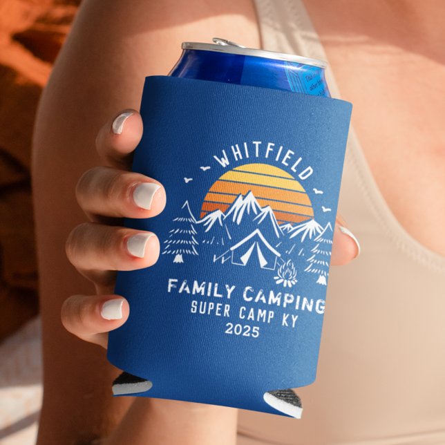 Rafraîchisseur Pour Canette Vacances d'été en famille Camping sur mesure (Royal Blue Retro Camping Can Cooler)
