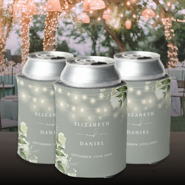 Rafraîchisseur Pour Canette Verdure Floral Chaîne Lumières Sage Vert Mariage (Greenery Floral String Lights Sage Green Wedding Can Cooler)