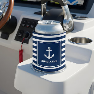Rafraîchisseur Pour Canette Votre nom de bateau Ancre Bleu rayé