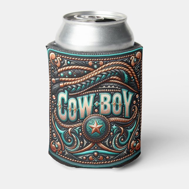Rafraîchisseur Pour Canette Western Leather Print Turquoise Brown Cowboy (Can Dos)