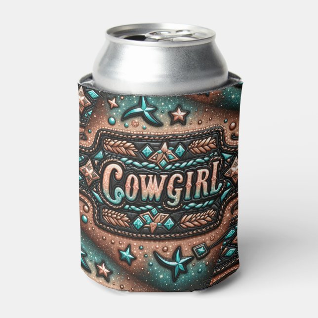 Rafraîchisseur Pour Canette Western Leather Print Turquoise Brown Cowgirl (Can devant)