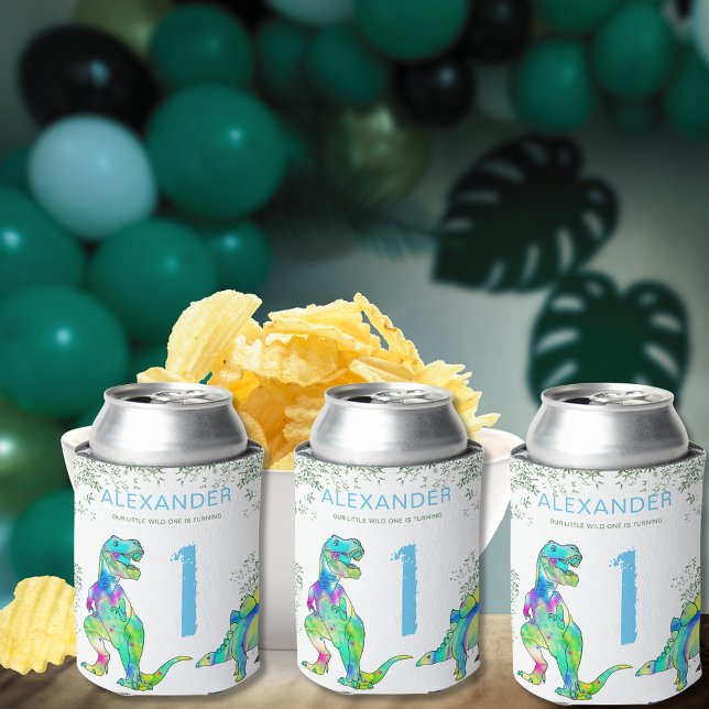 Rafraîchisseur Pour Canette Wild One Dinosaur 1er anniversaire (Wild one dinosaur birthday party custom can coolers colorful watercolor T-Rex stegosaurus dino )