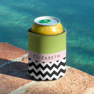 Rafraîchisseur Pour Canette Zigzag noir et blanc, Chevron, Vert, Votre nom