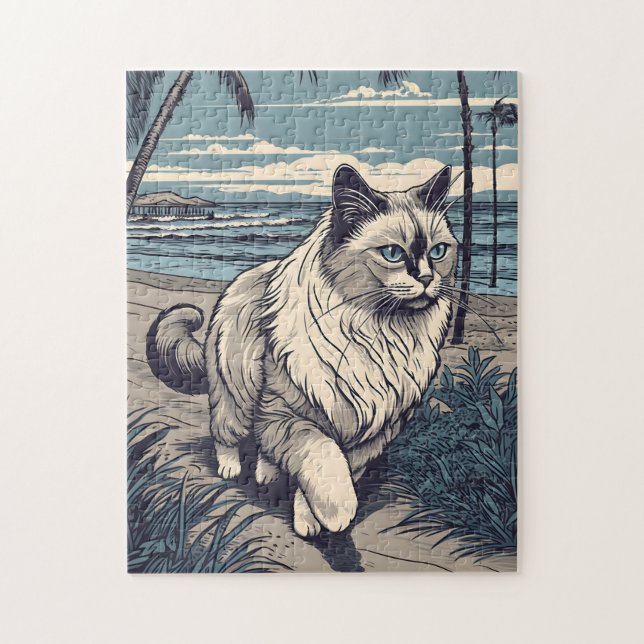 Ragdoll-Cat an einem tropischen Strand bei Sonnenu (Vertikal)