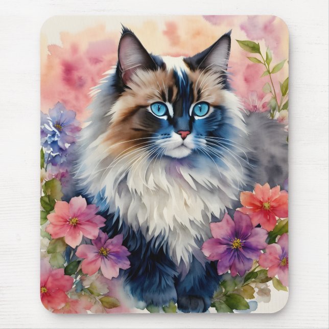 Ragdoll Cat Floral Art Mousepad (Vorne)